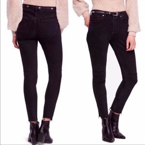FREE PEOPLE JEANS distressed black - raw hem - button fly - mid rise - size 27
